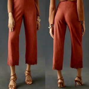 By Anthropologie Rust High Rise Embroidered Cropped Wide Leg Pants Size US 12